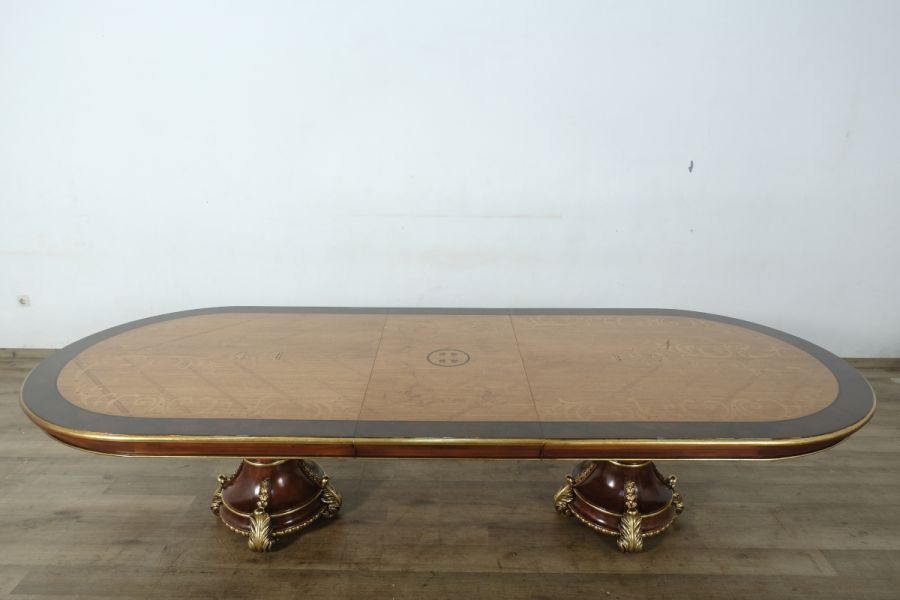 European Furniture - Veronica Dining Table in Antique Walnut and Dark Gold Leaf - 47076-DT - GreatFurnitureDeal