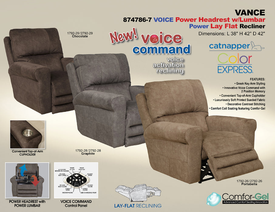 Catnapper - Vance Voice Power Headrest w-Lumbar Power Lay Flat Recliner in Chocolate - 874786-7-CHOCOLATE - GreatFurnitureDeal