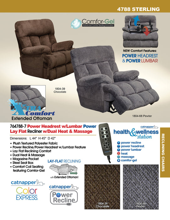 Catnapper - Sterling Power Headrest w-Lumbar Power Lay Flat Recliner w-Dual Heat & Massage in Chocolate - 764788-7-CHOCOLATE