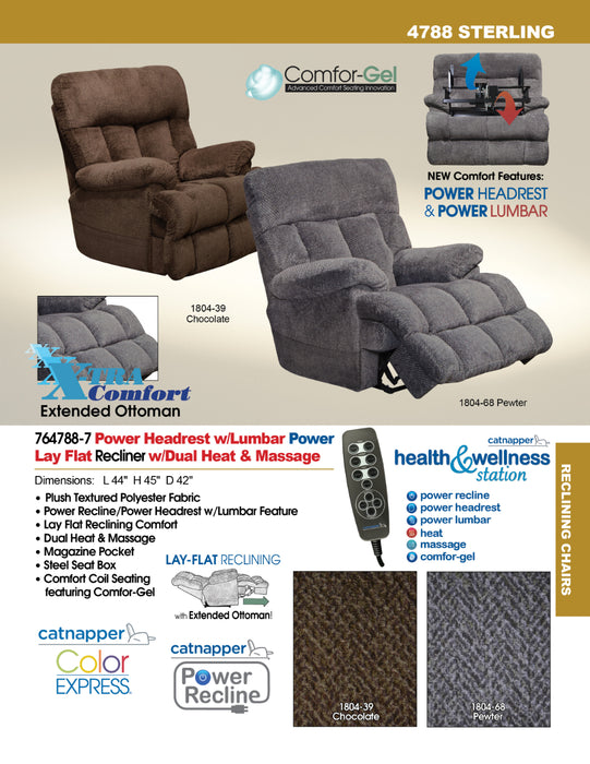 Catnapper - Sterling Power Headrest w-Lumbar Power Lay Flat Recliner w-Dual Heat & Massage in Chocolate - 764788-7-CHOCOLATE - GreatFurnitureDeal
