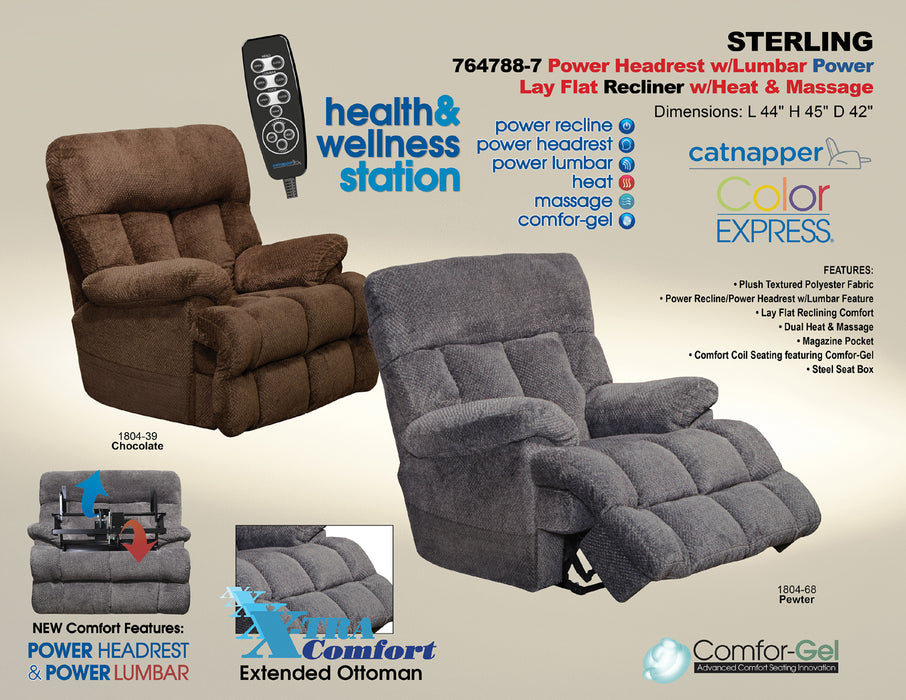 Catnapper - Sterling Power Headrest w-Lumbar Power Lay Flat Recliner w-Dual Heat & Massage in Pewter - 764788-7-PEWTER
