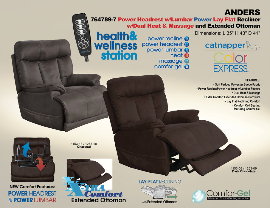 Catnapper - Anders Power Headrest w/Lumbar Power Lay Flat Recliner w/Dual Heat in Charcoal - 764789-7-CHA - GreatFurnitureDeal