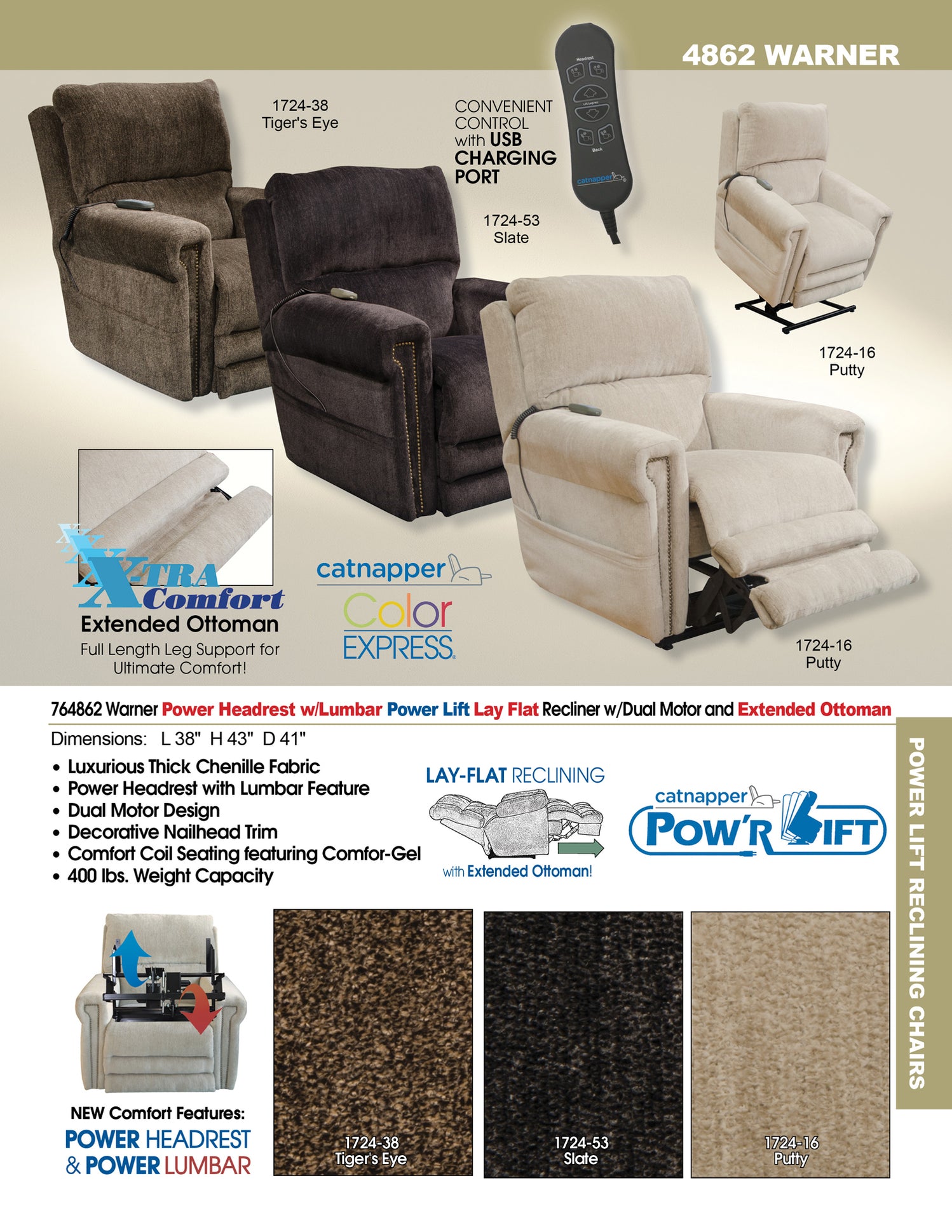 Catnapper - Warner Power Headrest Power Lumbar Power Lift Chair in Put ...