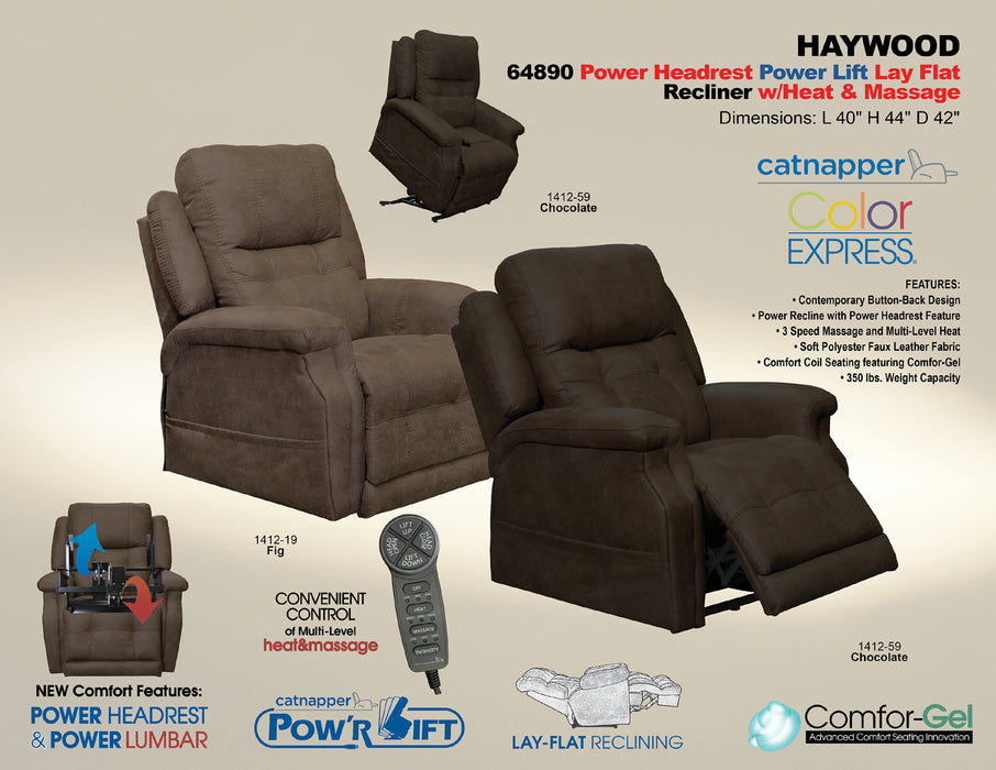 Catnapper - Haywood Power Headrest Power Lift Lay Flat Recliner w-Heat & Massage in Chocolate - 64890-CHOCOLATE