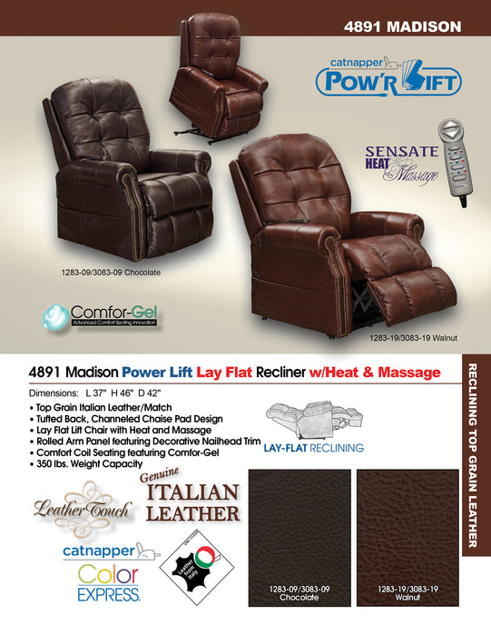 Catnapper - Madison Power Lift Lay Flat Recliner w-Heat & Massage in Chocolate - 4891-CHOCOLATE
