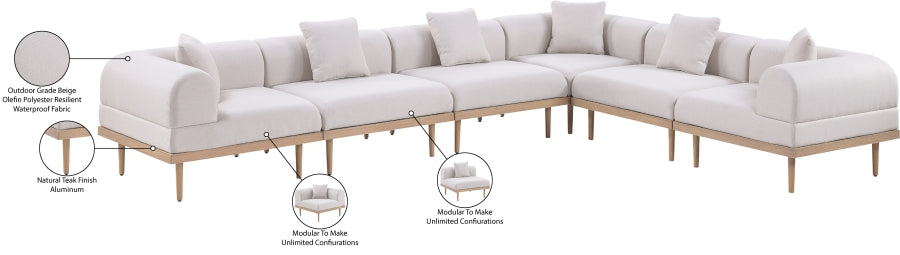 Meridian Furniture - Laguna 142" Resilient Water Resistant Fabric Upholstered Outdoor Patio 6 Piece Modular Sectional - 55036Beige-Sec6A - GreatFurnitureDeal
