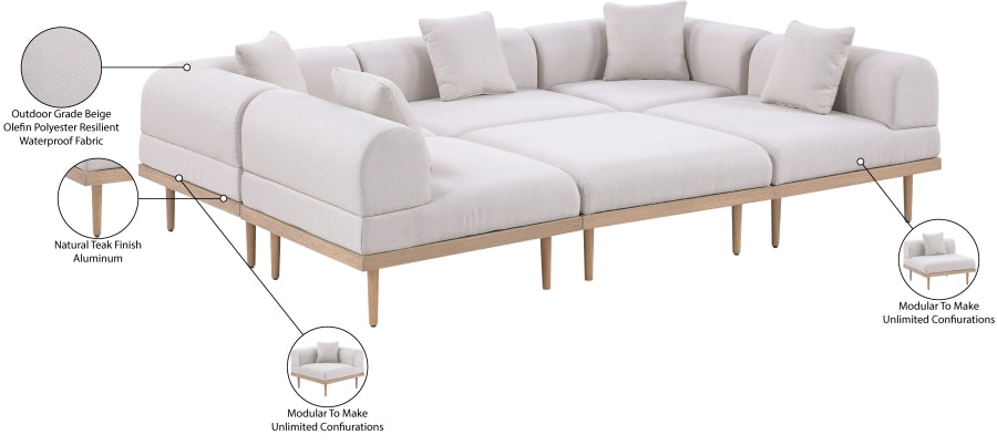 Meridian Furniture - Laguna 106.5" Resilient Water Resistant Fabric Upholstered Outdoor Patio 6 Piece Modular Sectional - 55036Beige-Sec6C - GreatFurnitureDeal