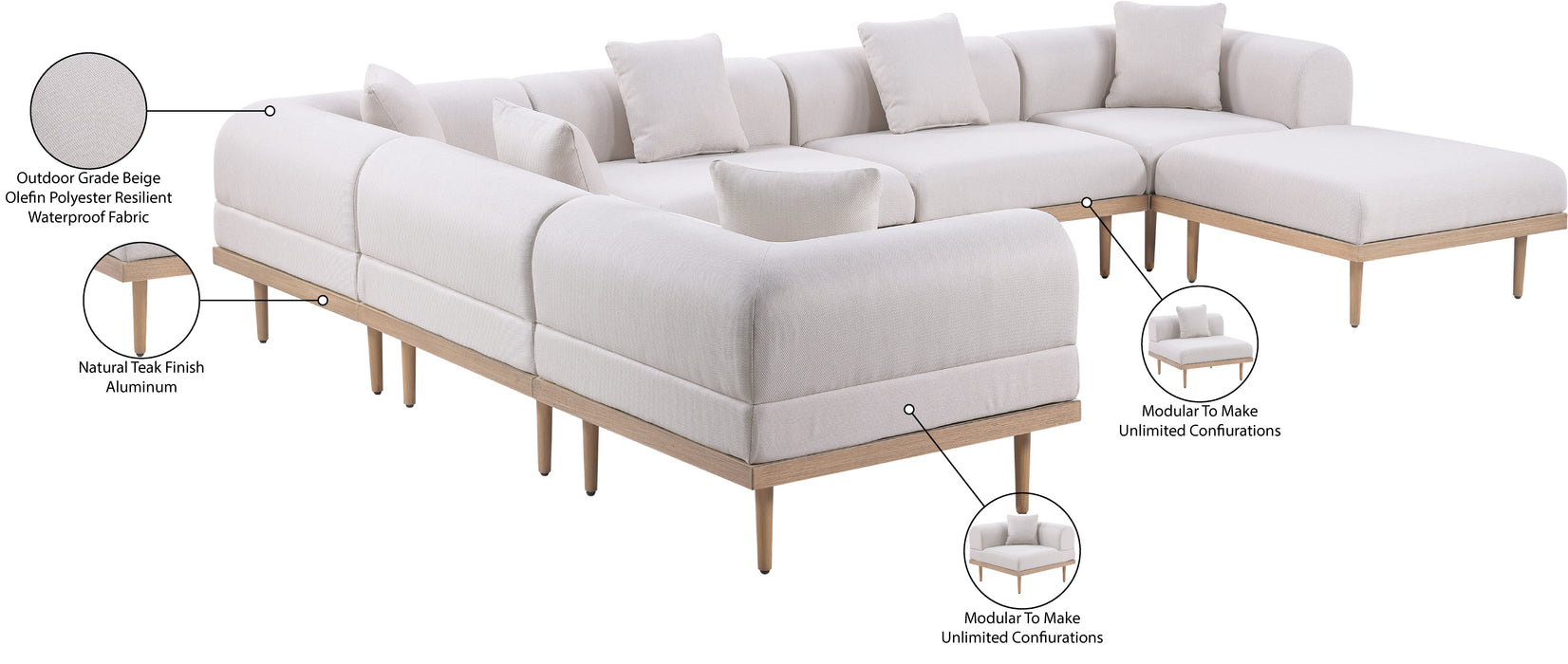 Meridian Furniture - Laguna 142" Resilient Water Resistant Fabric Upholstered Outdoor Patio 7 Piece Modular Sectional - 55036Beige-Sec7A - GreatFurnitureDeal
