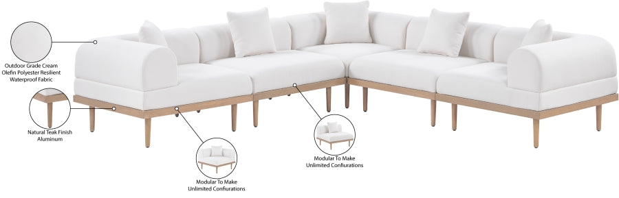Meridian Furniture - Laguna 106.5" Resilient Water Resistant Fabric Upholstered Outdoor Patio 5 Piece Modular Sectional - 55036Cream-Sec5C - GreatFurnitureDeal