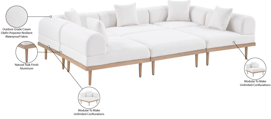 Meridian Furniture - Laguna 106.5" Resilient Water Resistant Fabric Upholstered Outdoor Patio 6 Piece Modular Sectional - 55036Cream-Sec6C - GreatFurnitureDeal