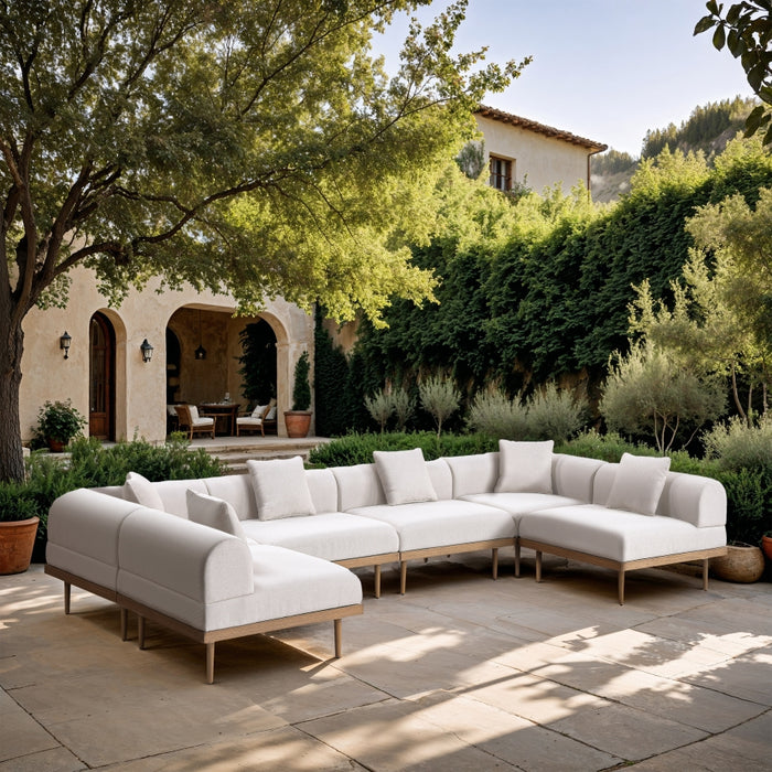 Meridian Furniture - Laguna 142" Resilient Water Resistant Fabric Upholstered Outdoor Patio 6 Piece Modular Sectional - 55036Cream-Sec6D - GreatFurnitureDeal