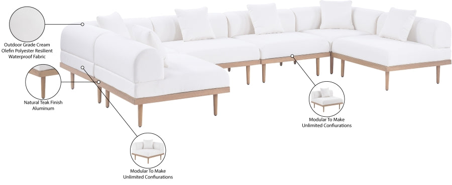 Meridian Furniture - Laguna 142" Resilient Water Resistant Fabric Upholstered Outdoor Patio 6 Piece Modular Sectional - 55036Cream-Sec6D - GreatFurnitureDeal