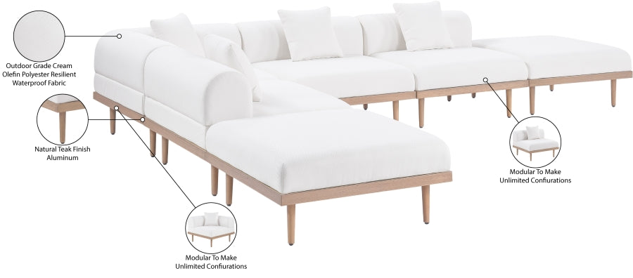 Meridian Furniture - Laguna 142" Resilient Water Resistant Fabric Upholstered Outdoor Patio 6 Piece Modular Sectional - 55036Cream-Sec6E - GreatFurnitureDeal