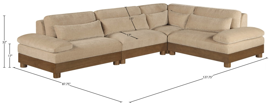 Meridian Furniture - Turin 128" Chenille Fabric Upholstered 4 Piece Modular Sectional - 606Taupe-Sec4A - GreatFurnitureDeal