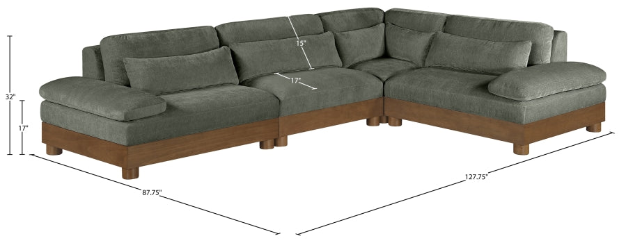 Meridian Furniture - Turin 128" Chenille Fabric Upholstered 4 Piece Modular Sectional - 606Green-Sec4A - GreatFurnitureDeal