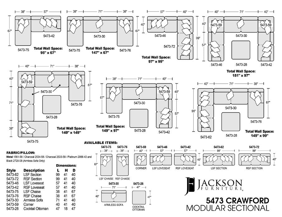 Jackson Furniture - Crawford 5 Piece Modular Sectional in Metal/Charcoal - 5473-62-59-30-76-28-CHARCOAL - GreatFurnitureDeal