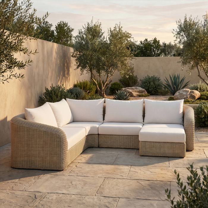 Meridian Furniture - Seacrest 123.25" Beige Olefin Water Resistant Fabric And Wicker 5pc. Outdoor Patio Sectional - 55001Beige-Sec5B - GreatFurnitureDeal