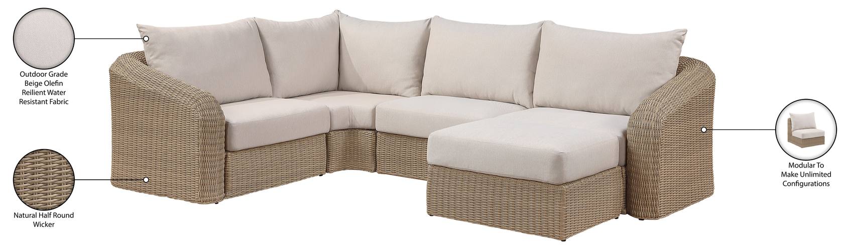 Meridian Furniture - Seacrest 123.25" Beige Olefin Water Resistant Fabric And Wicker 5pc. Outdoor Patio Sectional - 55001Beige-Sec5B - GreatFurnitureDeal