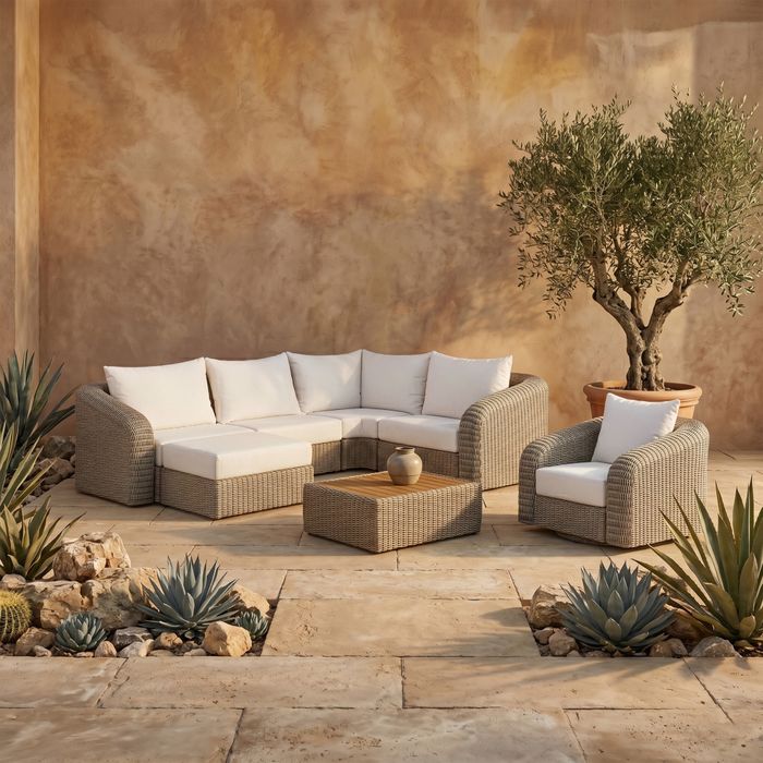 Meridian Furniture - Seacrest 123.25" Cream Olefin Water Resistant Fabric And Wicker 5pc. Outdoor Patio Sectional - 55002Cream-Sec5C - GreatFurnitureDeal