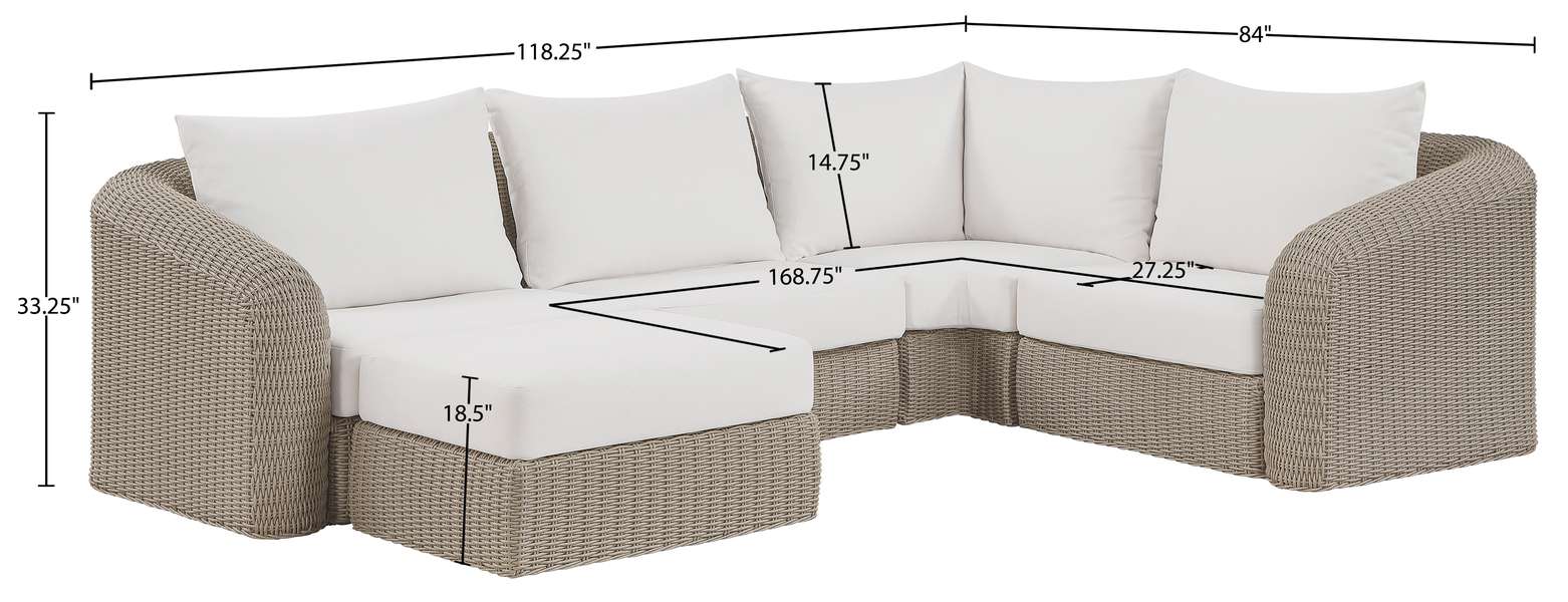 Meridian Furniture - Seacrest 123.25" Cream Olefin Water Resistant Fabric And Wicker 5pc. Outdoor Patio Sectional - 55002Cream-Sec5C - GreatFurnitureDeal
