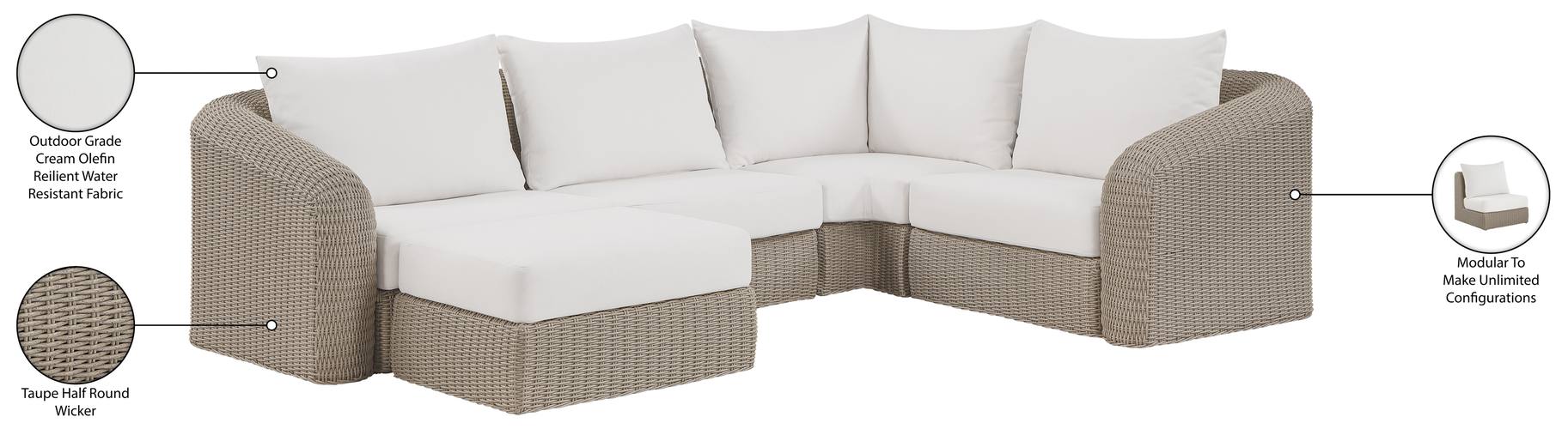 Meridian Furniture - Seacrest 123.25" Cream Olefin Water Resistant Fabric And Wicker 5pc. Outdoor Patio Sectional - 55002Cream-Sec5C - GreatFurnitureDeal