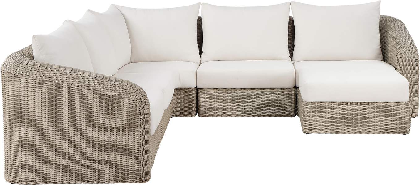 Meridian Furniture - Seacrest 123.25" Cream Olefin Water Resistant Fabric And Wicker 6pc. Outdoor Patio Sectional - 55002Cream-Sec6A - GreatFurnitureDeal