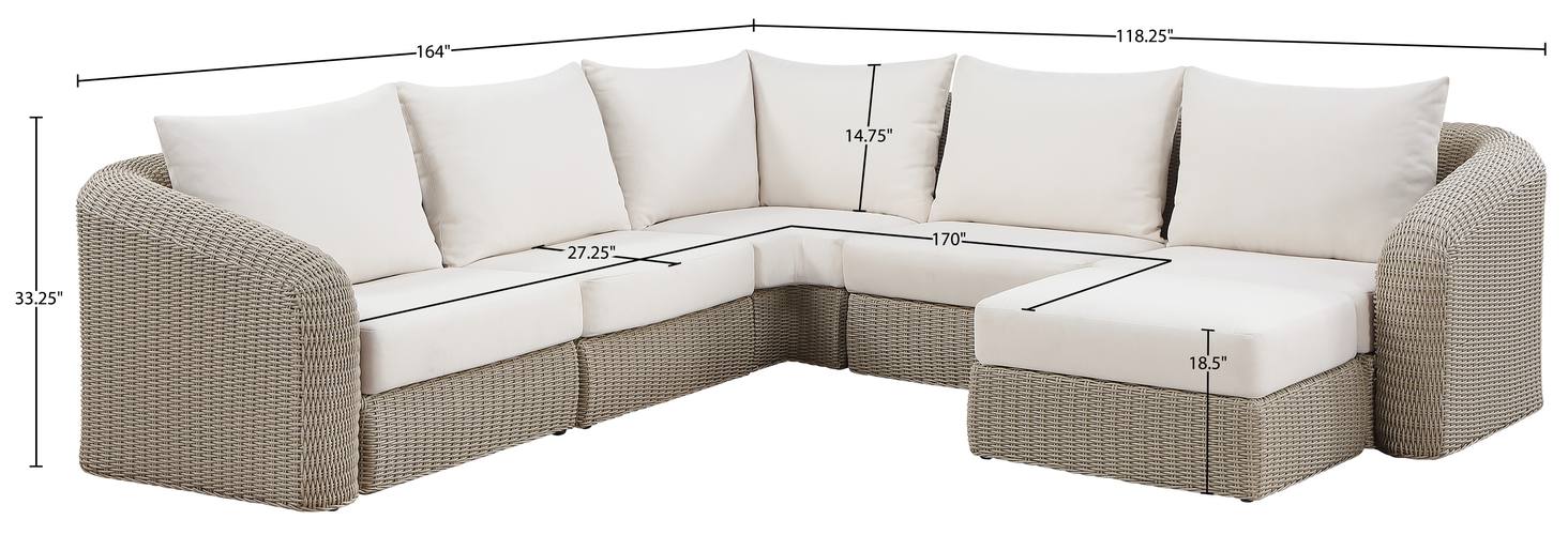 Meridian Furniture - Seacrest 123.25" Cream Olefin Water Resistant Fabric And Wicker 6pc. Outdoor Patio Sectional - 55002Cream-Sec6A - GreatFurnitureDeal
