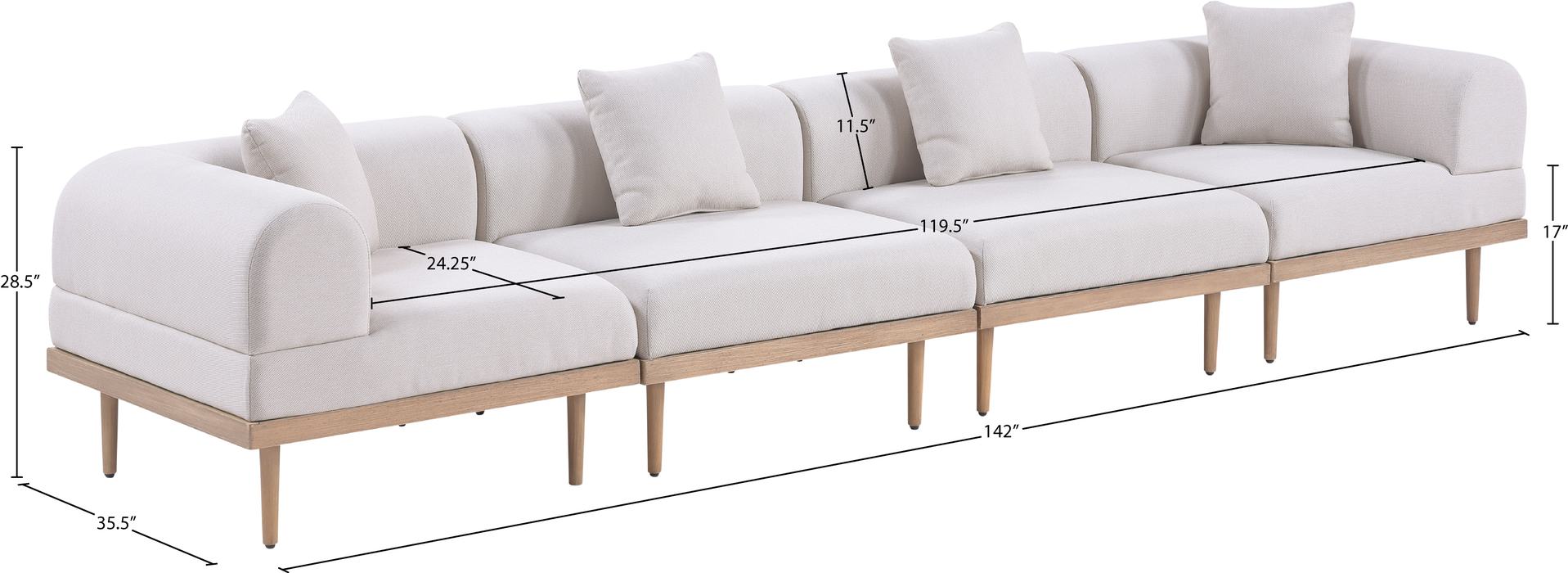 Meridian Furniture - Laguna 142" Beige Resilient Water Resistant Fabric Upholstered 4pc. Outdoor Patio Sofa - 55036Beige-S4B - GreatFurnitureDeal