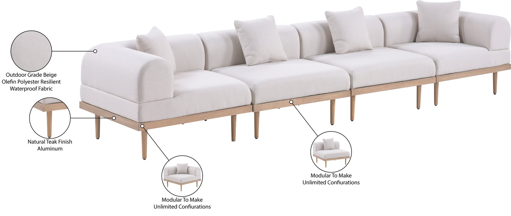 Meridian Furniture - Laguna 142" Beige Resilient Water Resistant Fabric Upholstered 4pc. Outdoor Patio Sofa - 55036Beige-S4B - GreatFurnitureDeal
