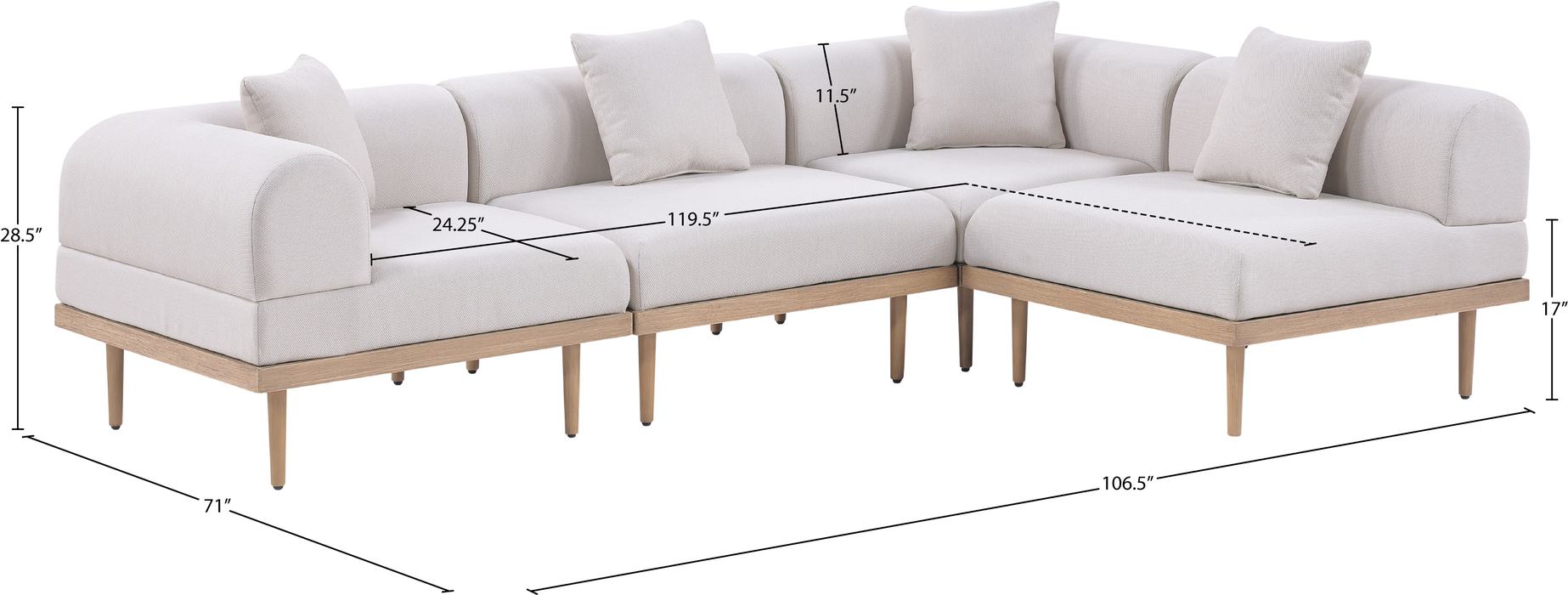 Meridian Furniture - Laguna 106.5" Beige Resilient Water Resistant Fabric Upholstered 4pc. Outdoor Patio Sectional - 55036Beige-Sec4B - GreatFurnitureDeal