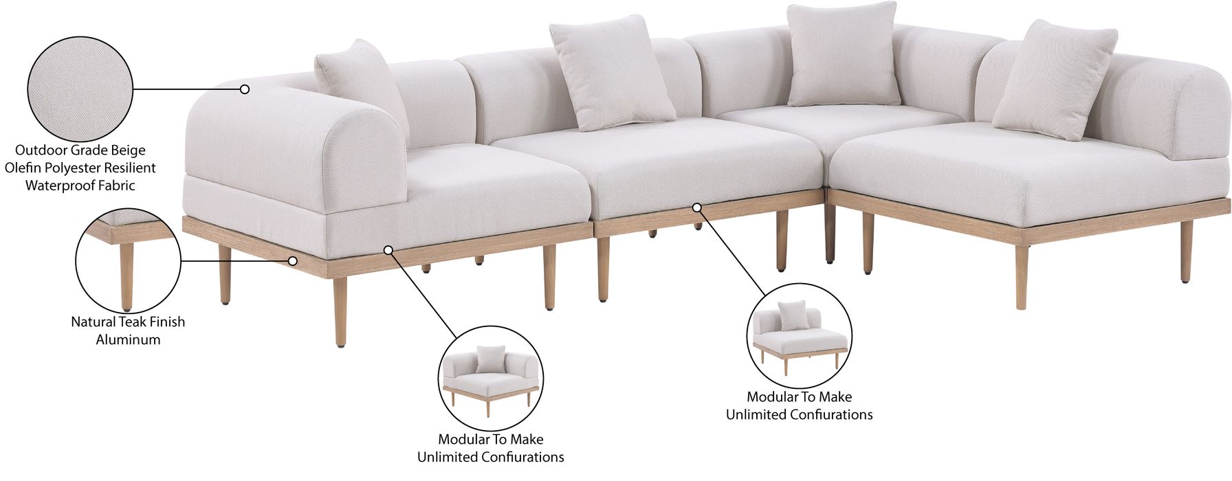 Meridian Furniture - Laguna 106.5" Beige Resilient Water Resistant Fabric Upholstered 4pc. Outdoor Patio Sectional - 55036Beige-Sec4B - GreatFurnitureDeal