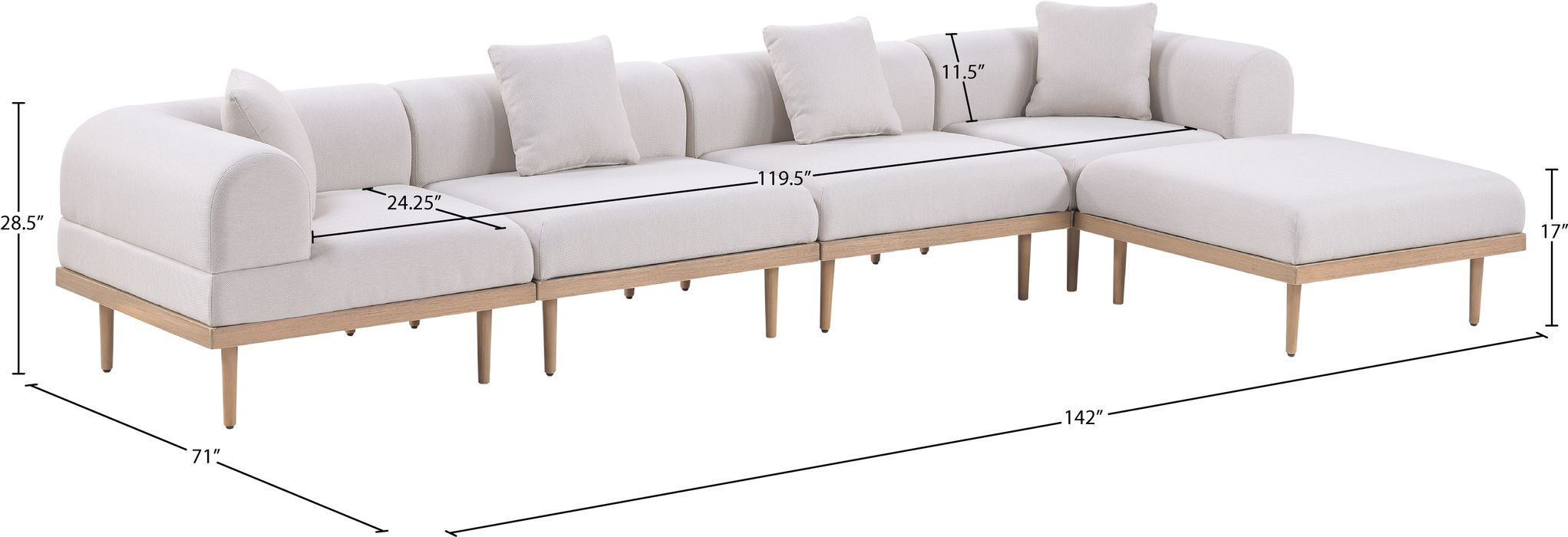Meridian Furniture - Laguna 142" Beige Resilient Water Resistant Fabric Upholstered 5pc. Outdoor Patio Sectional - 55036Beige-Sec5A - GreatFurnitureDeal