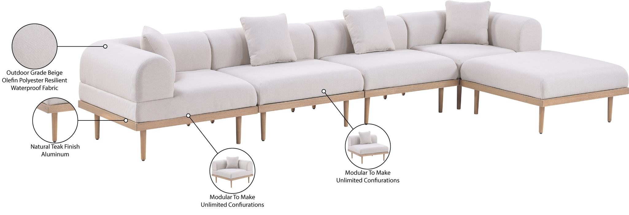 Meridian Furniture - Laguna 142" Beige Resilient Water Resistant Fabric Upholstered 5pc. Outdoor Patio Sectional - 55036Beige-Sec5A - GreatFurnitureDeal