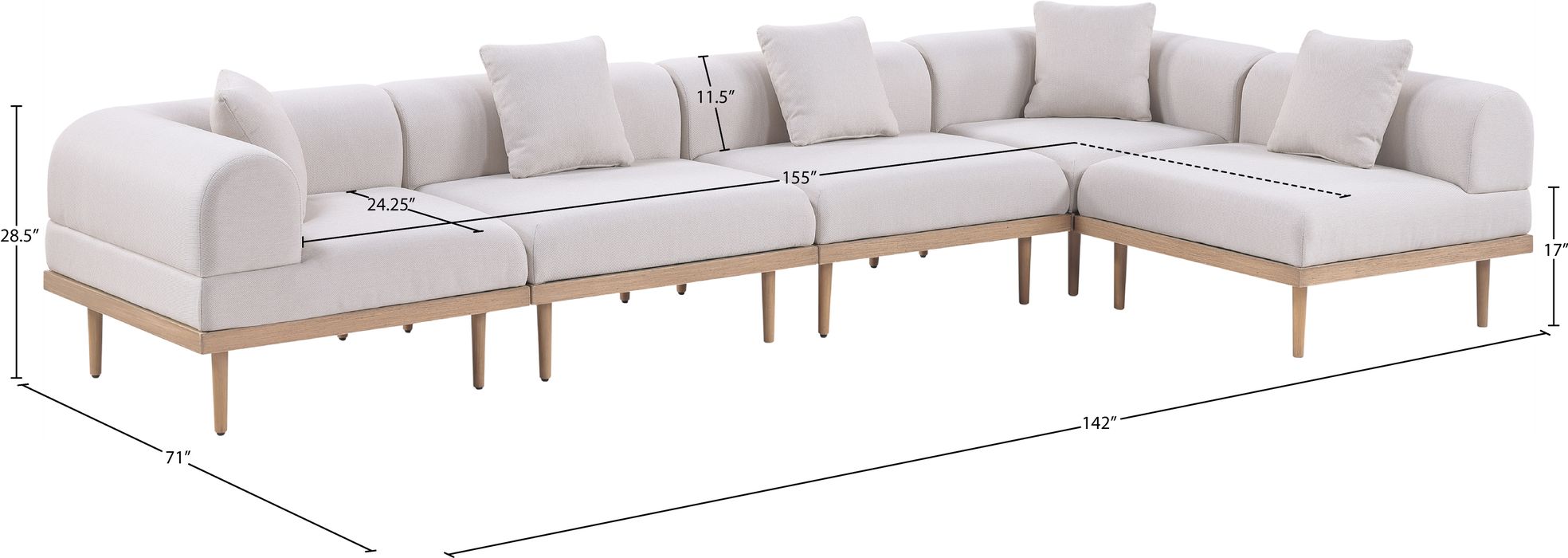Meridian Furniture - Laguna 142" Beige Resilient Water Resistant Fabric Upholstered 5pc. Outdoor Patio Sectional - 55036Beige-Sec5D - GreatFurnitureDeal