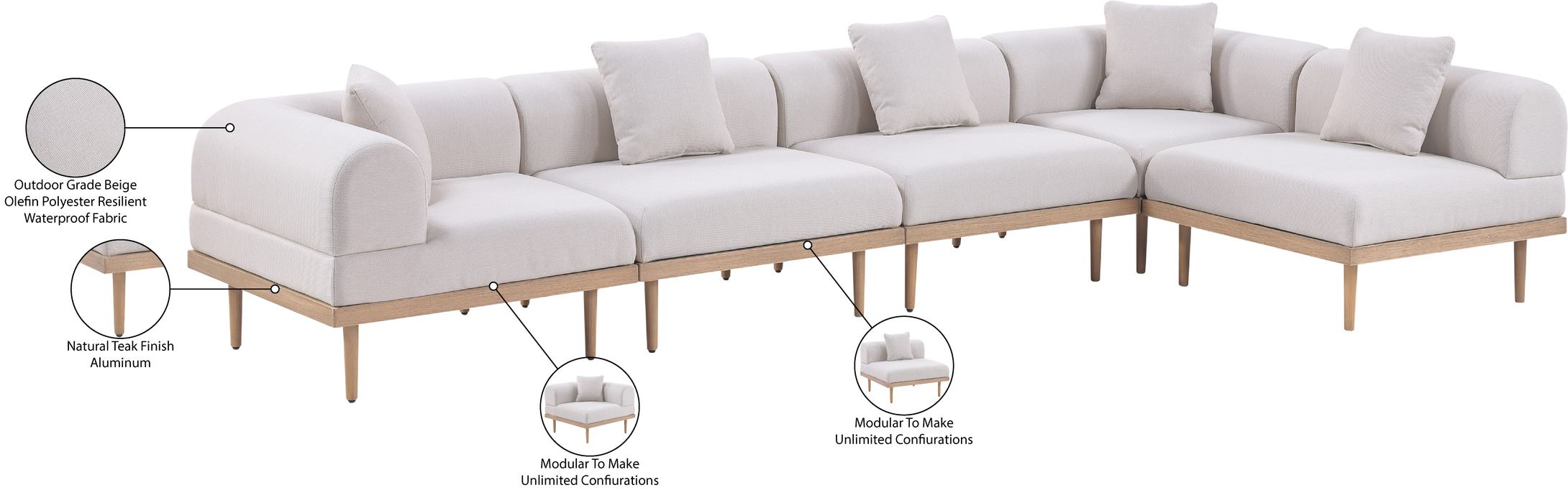 Meridian Furniture - Laguna 142" Beige Resilient Water Resistant Fabric Upholstered 5pc. Outdoor Patio Sectional - 55036Beige-Sec5D - GreatFurnitureDeal
