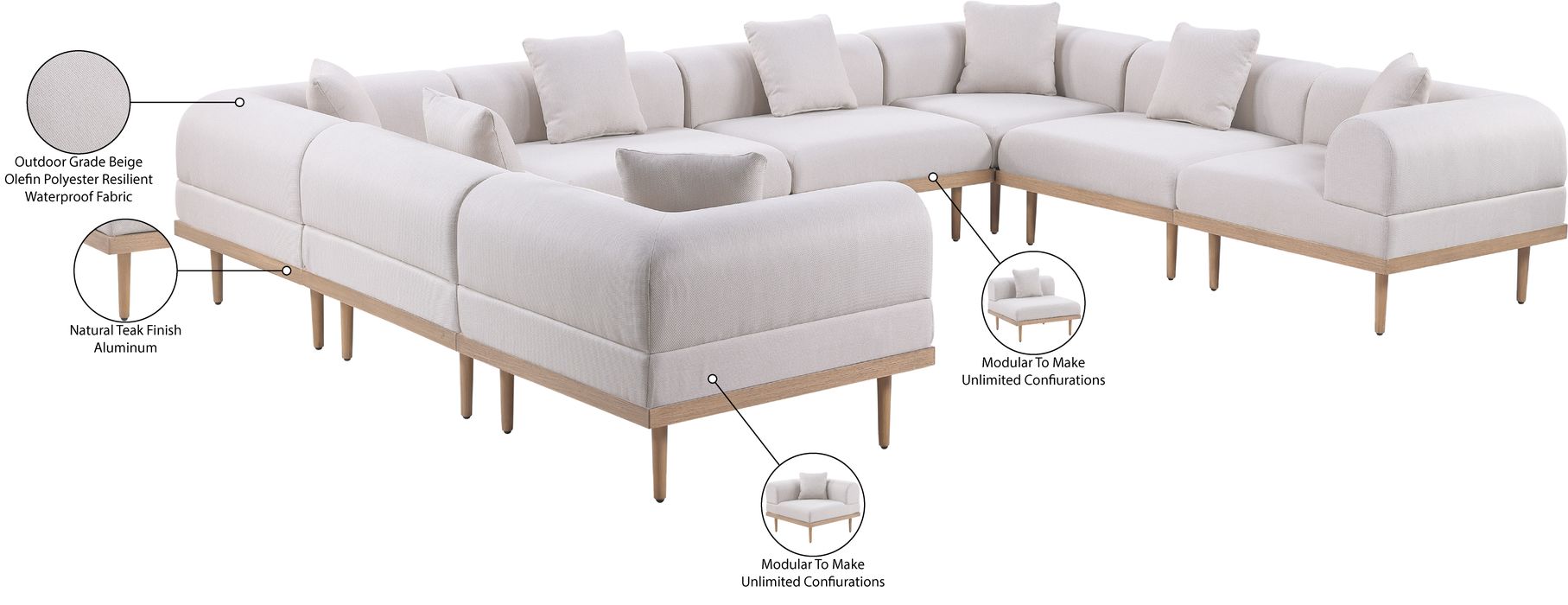 Meridian Furniture - Laguna 142" Beige Resilient Water Resistant Fabric Upholstered 8pc. Outdoor Patio Sectional - 55036Beige-Sec8A - GreatFurnitureDeal