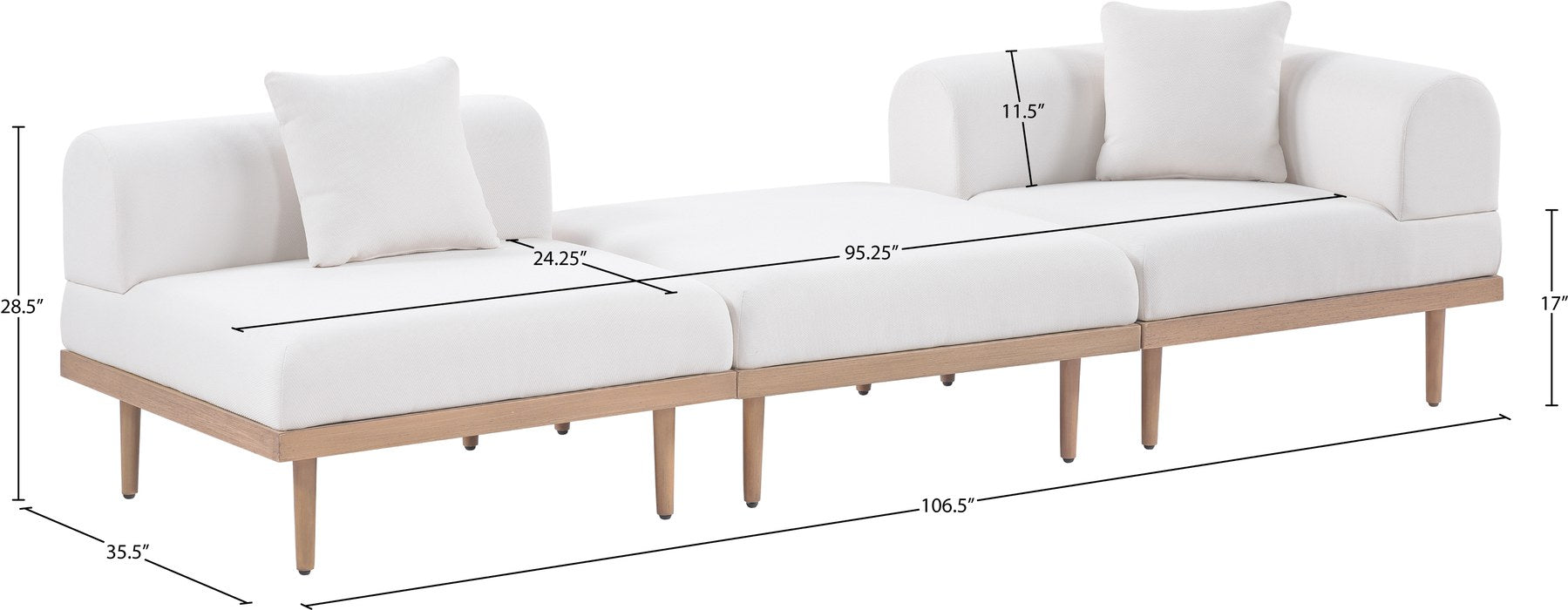Meridian Furniture - Laguna 106.5" Cream Resilient Water Resistant Fabric Upholstered 3pc. Outdoor Patio Sofa - 55036Cream-S3D - GreatFurnitureDeal
