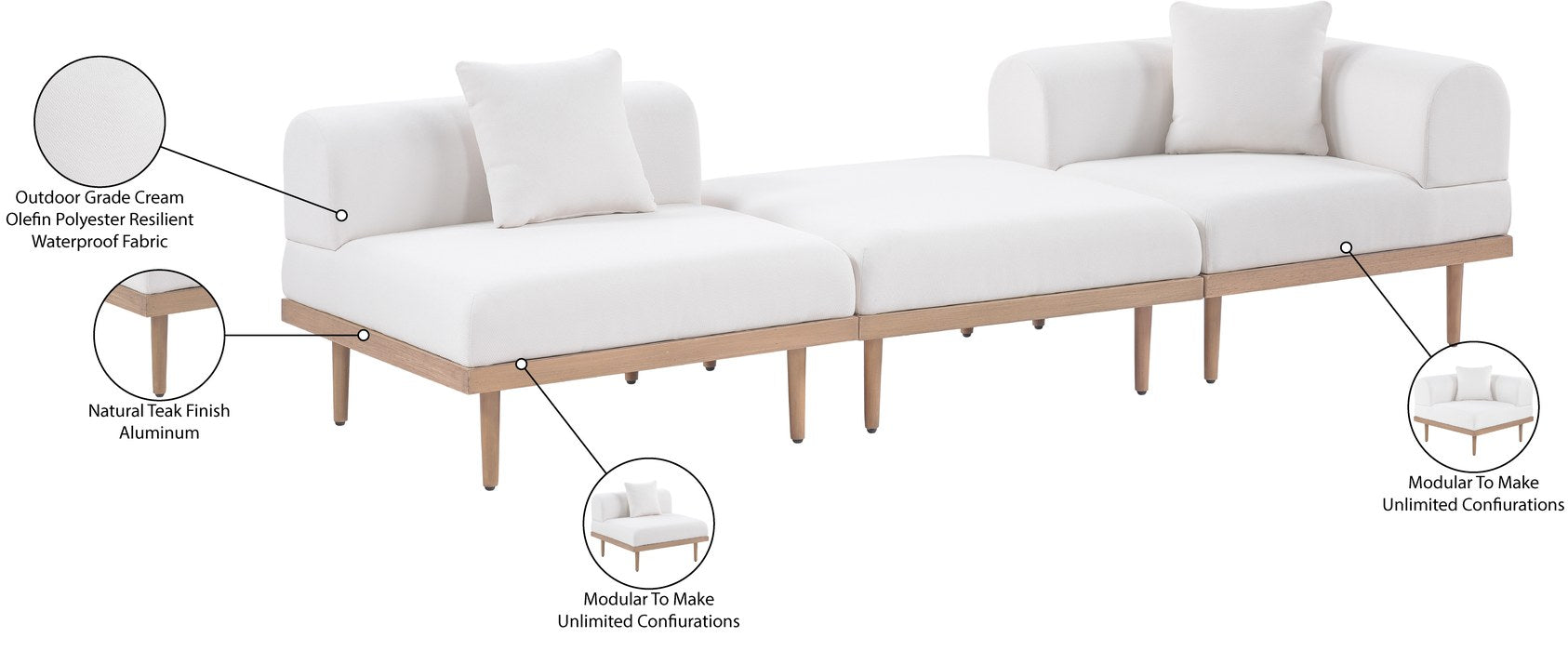 Meridian Furniture - Laguna 106.5" Cream Resilient Water Resistant Fabric Upholstered 3pc. Outdoor Patio Sofa - 55036Cream-S3D - GreatFurnitureDeal