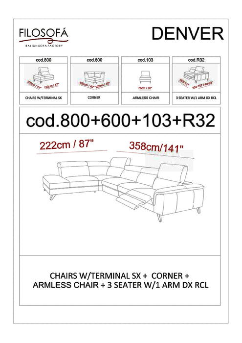 ESF Furniture - Denver Left Sectional w/ 1 Recliner - DENVERSECTIONAL
