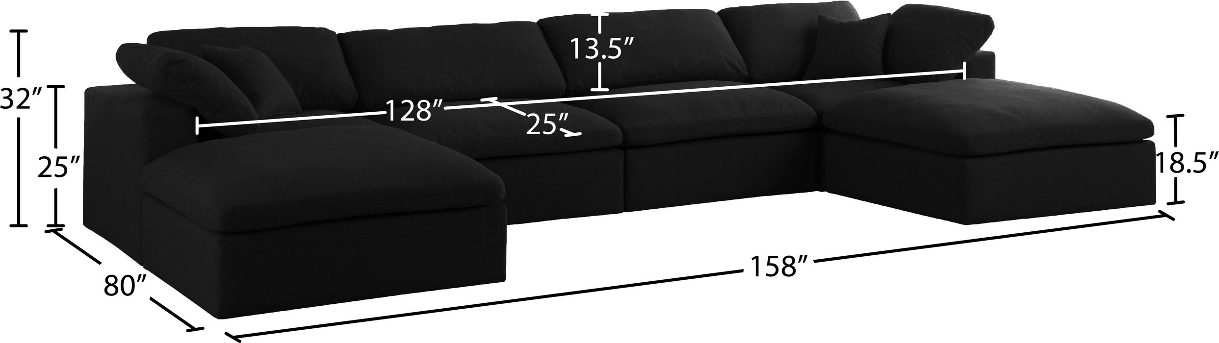 Meridian Furniture - Serene 158" Black Linen Textured Fabric Upholstered Deluxe Comfort 6pc. Sectional - 601Black-Sec6B - GreatFurnitureDeal