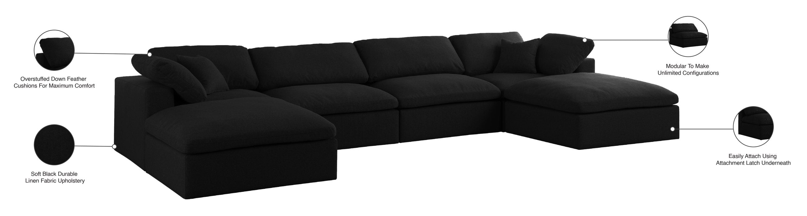 Meridian Furniture - Serene 158" Black Linen Textured Fabric Upholstered Deluxe Comfort 6pc. Sectional - 601Black-Sec6B - GreatFurnitureDeal
