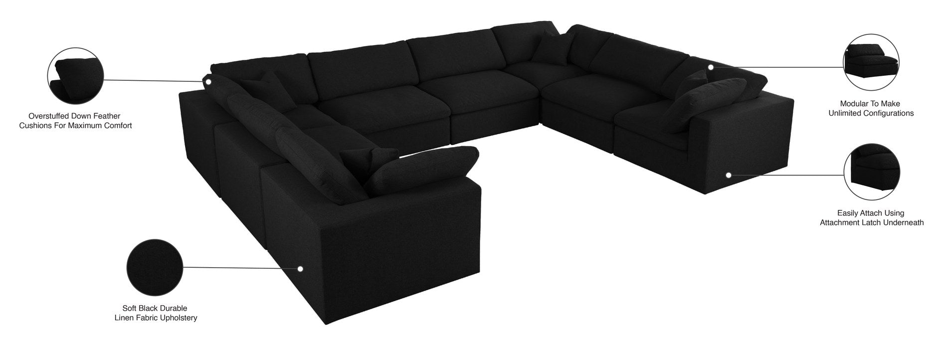 Meridian Furniture - Serene 158" Black Linen Textured Fabric Upholstered Deluxe Comfort 8pc. Sectional - 601Black-Sec8A - GreatFurnitureDeal