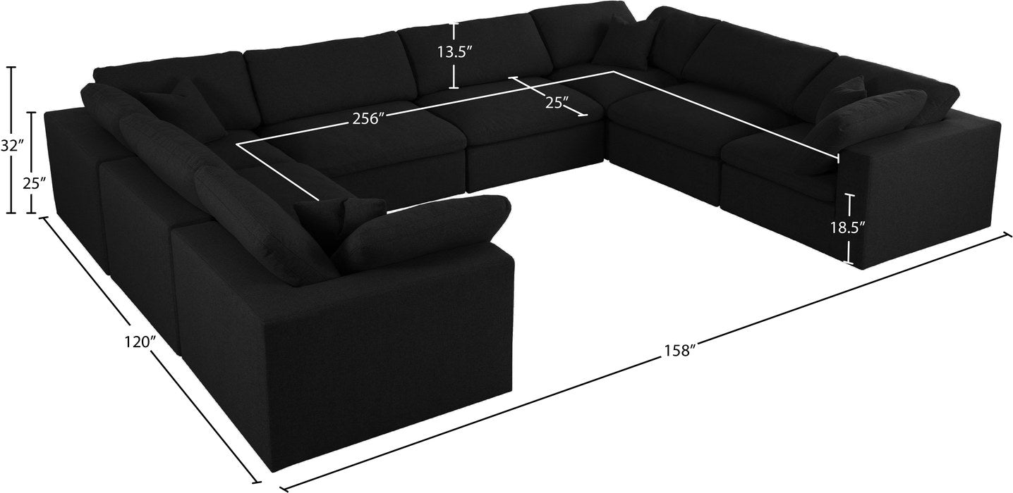 Meridian Furniture - Serene 158" Black Linen Textured Fabric Upholstered Deluxe Comfort 8pc. Sectional - 601Black-Sec8A - GreatFurnitureDeal