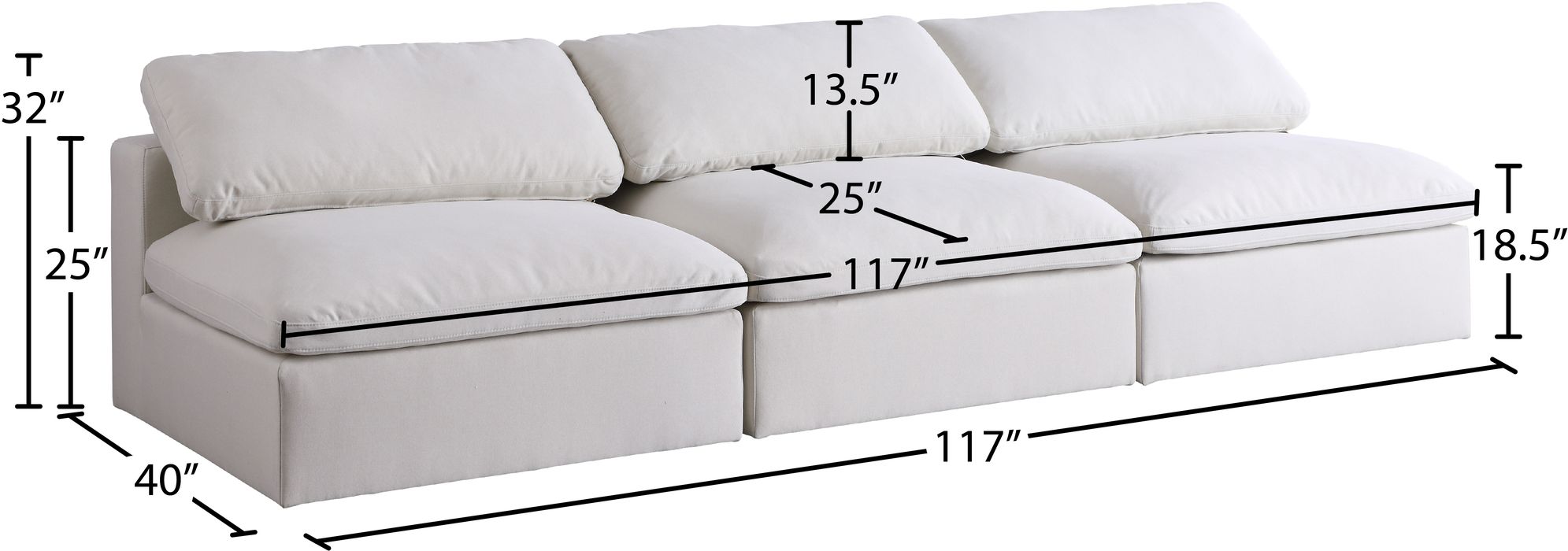 Meridian Furniture - Serene 117" Cream Linen Textured Fabric Upholstered Deluxe Comfort 3pc. Armless Sofa - 601Cream-S117 - GreatFurnitureDeal