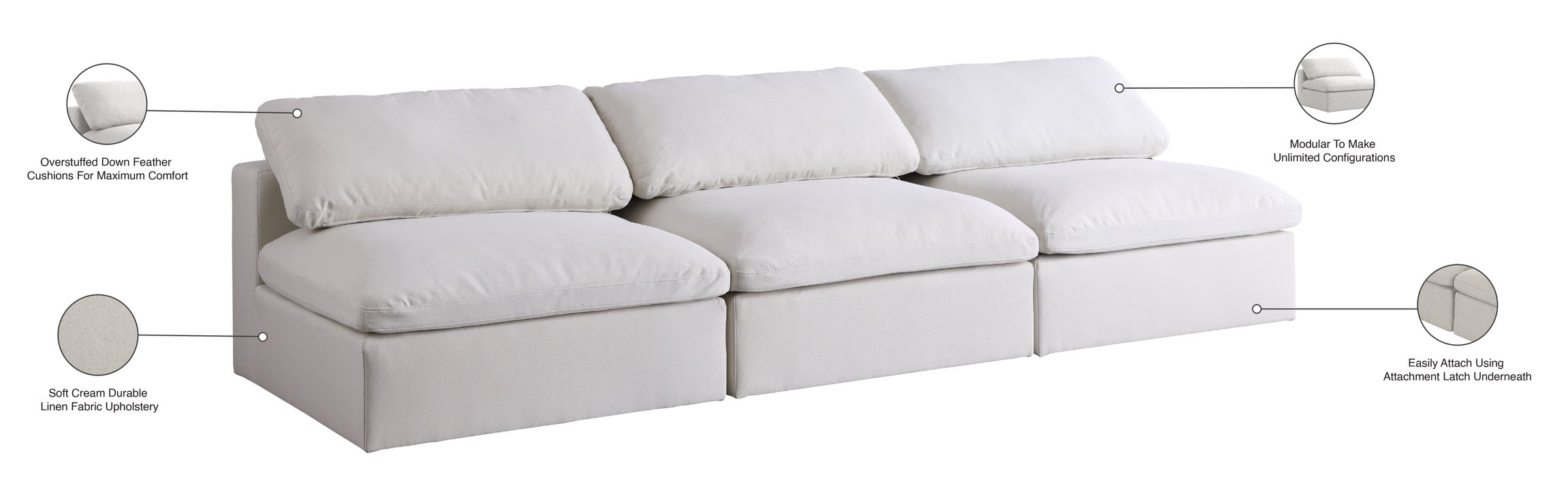 Meridian Furniture - Serene 117" Cream Linen Textured Fabric Upholstered Deluxe Comfort 3pc. Armless Sofa - 601Cream-S117 - GreatFurnitureDeal