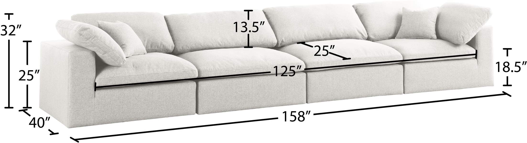 Meridian Furniture - Serene 158" Cream Linen Textured Fabric Upholstered Deluxe Comfort 4pc. Sofa - 601Cream-S158 - GreatFurnitureDeal
