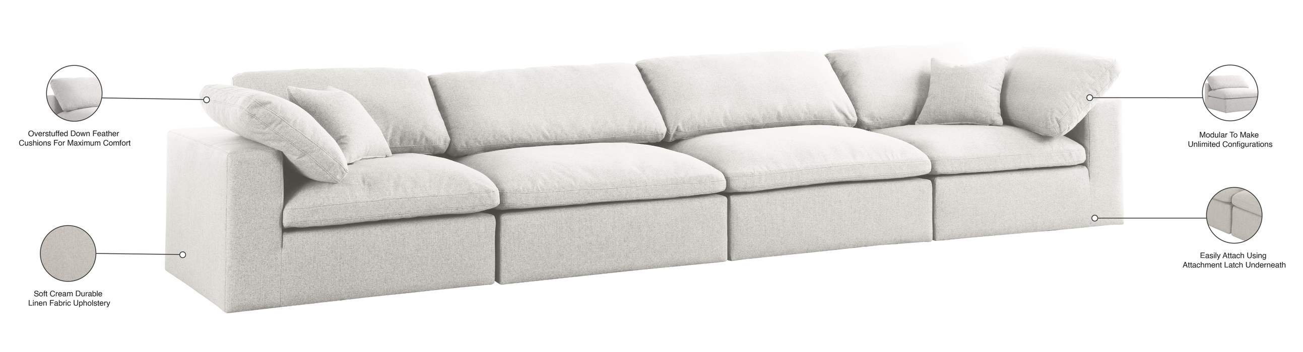 Meridian Furniture - Serene 158" Cream Linen Textured Fabric Upholstered Deluxe Comfort 4pc. Sofa - 601Cream-S158 - GreatFurnitureDeal