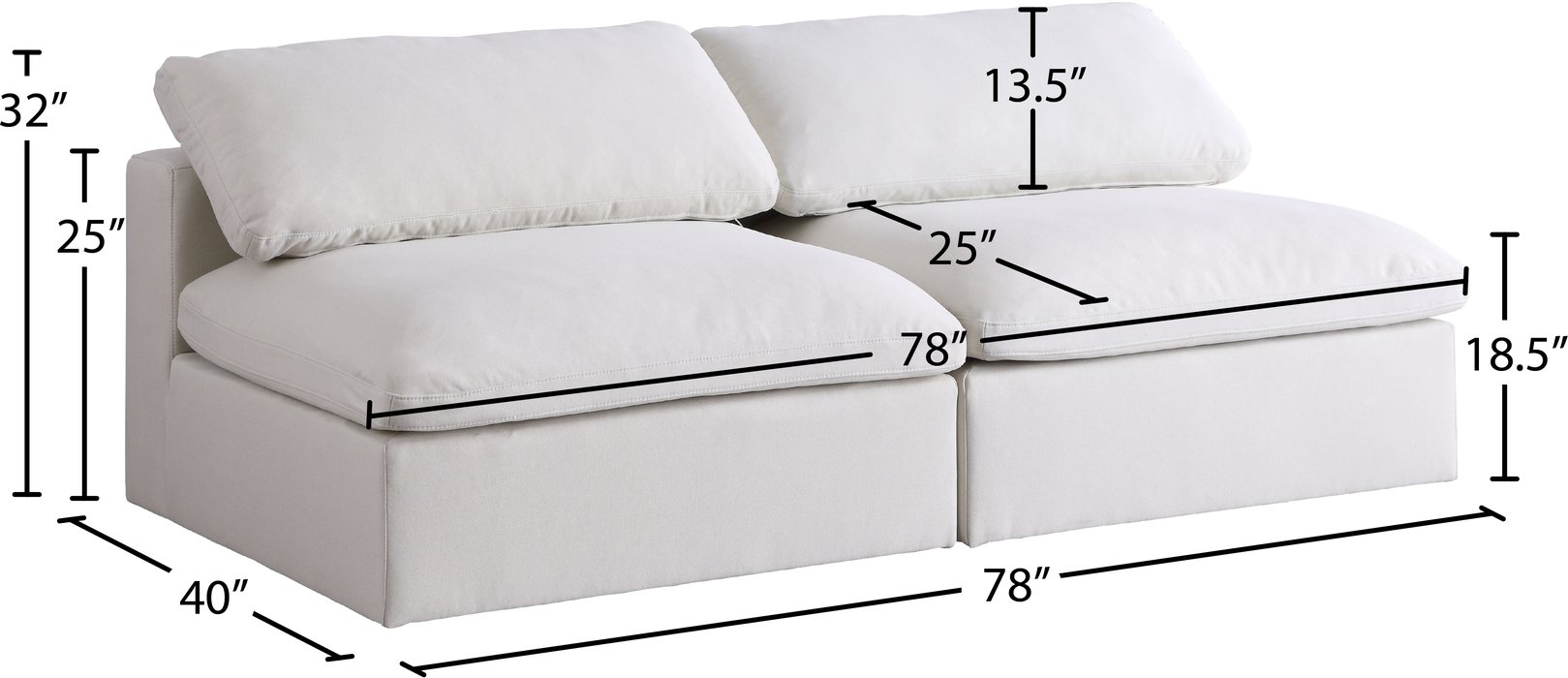 Meridian Furniture - Serene 78" Cream Linen Textured Fabric Upholstered Deluxe Comfort 2pc. Armless Sofa - 601Cream-S78 - GreatFurnitureDeal