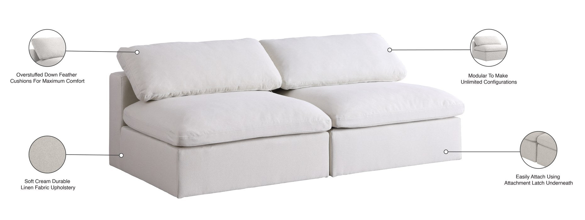 Meridian Furniture - Serene 78" Cream Linen Textured Fabric Upholstered Deluxe Comfort 2pc. Armless Sofa - 601Cream-S78 - GreatFurnitureDeal