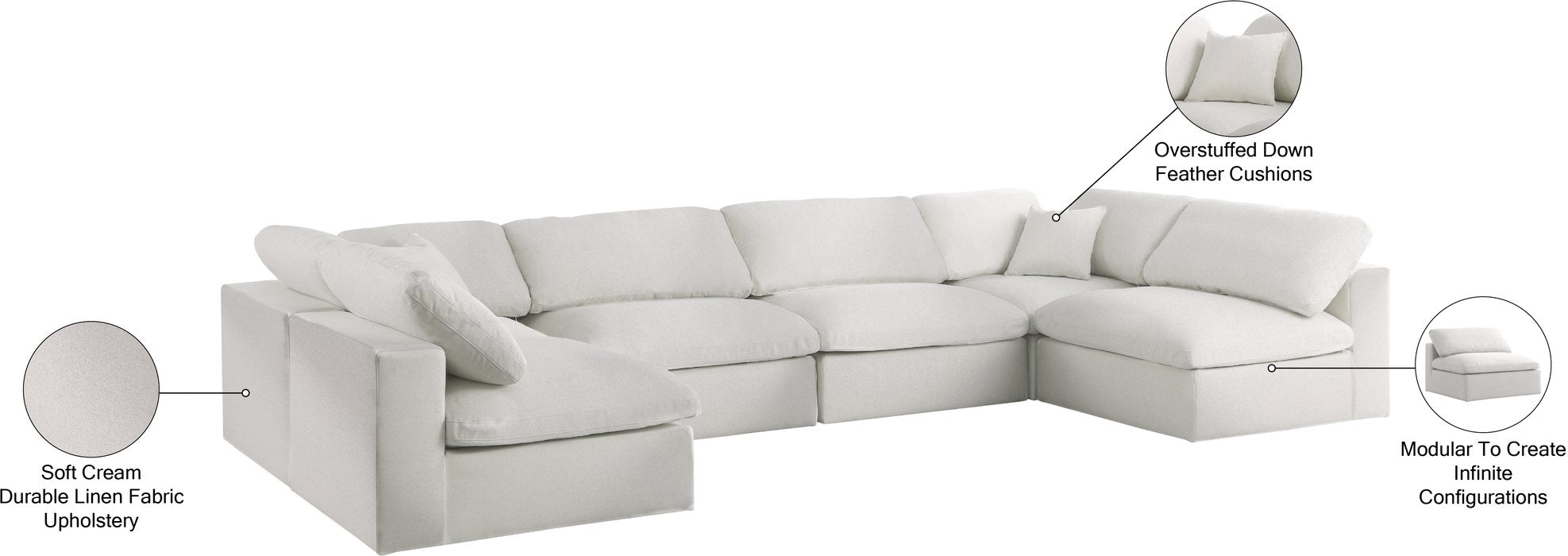 Meridian Furniture - Serene 158" Cream Linen Textured Fabric Upholstered Deluxe Comfort 6pc. Sectional - 601Cream-Sec6D - GreatFurnitureDeal